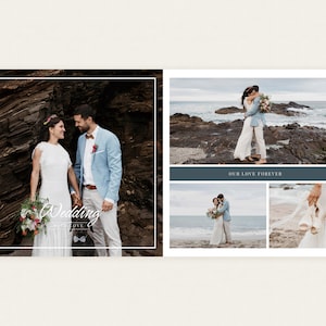 Puede incluir: Un &aacute;lbum de fotos de boda con varias im&aacute;genes. La imagen principal muestra a una pareja tomados de la mano frente a una formaci&oacute;n rocosa. El &aacute;lbum incluye el texto "Wedding with Love" y otras fotos de la pareja en una playa.