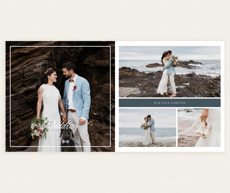 Puede incluir: Un &aacute;lbum de fotos de boda con varias im&aacute;genes. La imagen principal muestra a una pareja tomados de la mano frente a una formaci&oacute;n rocosa. El &aacute;lbum incluye el texto "Wedding with Love" y otras fotos de la pareja en una playa.