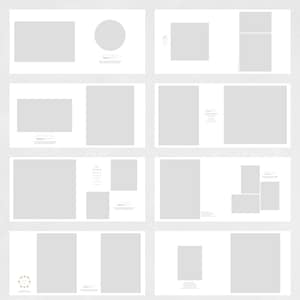 May include: A digital photo album template with 10 different layouts for displaying photos. The layouts include a variety of shapes and sizes for photos, as well as text boxes for captions. The template is designed to be used with a photo editing program.