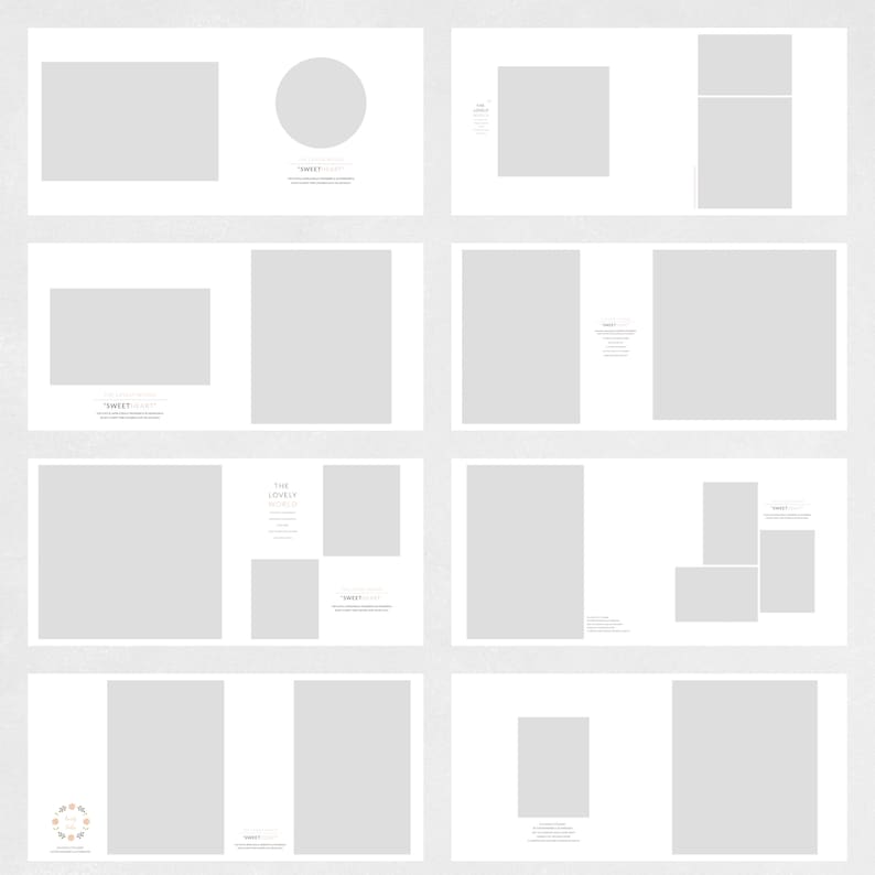 May include: A digital photo album template with 10 different layouts for displaying photos. The layouts include a variety of shapes and sizes for photos, as well as text boxes for captions. The template is designed to be used with a photo editing program.
