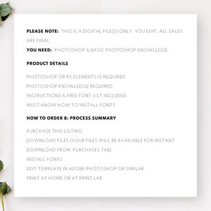Puede incluir: Una hoja de papel blanca con texto que detalla la informaci&oacute;n del producto y las instrucciones de uso. El texto incluye informaci&oacute;n sobre archivos digitales, requisitos de Photoshop y el proceso de pedido. Un l&aacute;piz y vegetaci&oacute;n est&aacute;n en el fondo.