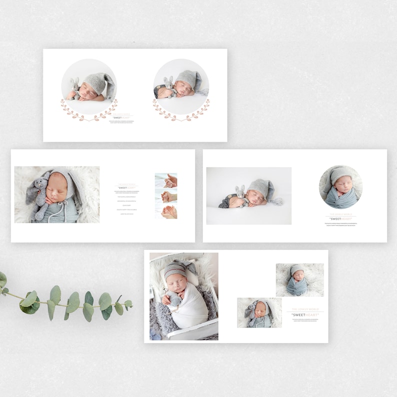 May include: A photo album with four pages showcasing a newborn baby in various poses. The baby is wearing a gray knitted hat and a white swaddle. The album has a white background and the text "Sweet Dreams" is printed on each page.