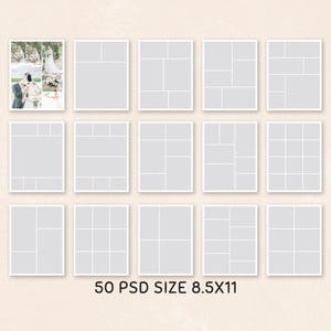 Könnte beinhalten: Darstellung von 15 digitalen Vorlagen für Fotocollagen, jede mit einem einzigartigen Layout. Die Vorlagen sind auf einem hellbeigen Hintergrund angeordnet. Die Vorlage oben links zeigt eine Hochzeitsfotocollage. Der Text "50 PSD SIZE 8.5X11" befindet sich unten.
