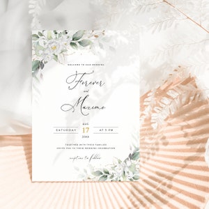 White Flower Wedding Invitation, White Rose Wedding Invite Card, Invitation Card Template, Greenery & Gold Floral,  Editable DIY Templett