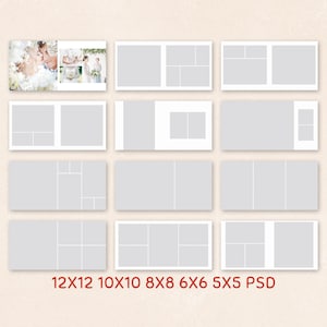 May include: A wedding photo album layout design with various templates for different page sizes. The album includes sample photos and templates for 12x12, 10x10, 8x8, 6x6, and 5x5 inch albums. The text "PSD" is included.