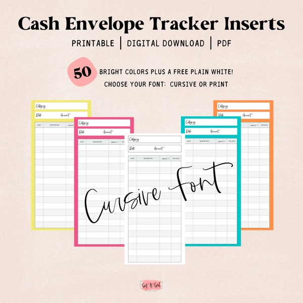 Bright Cash Envelope Tracker Insert Printable, Set of 50, Cash Envelope System, Cashless System, Budget, Personal Finance, Register, Track