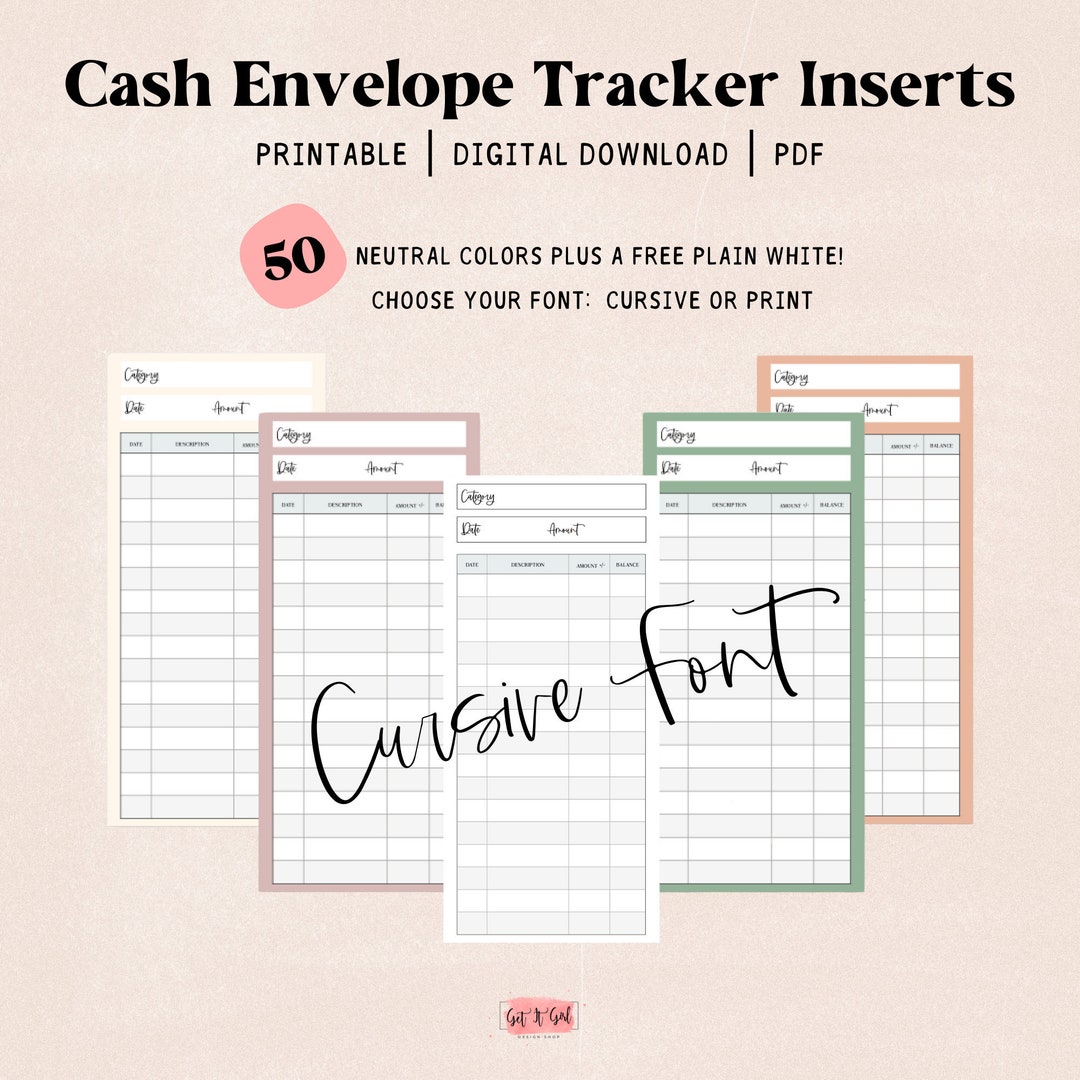 Neutral Cash Envelope Tracker Insert Printable, Set of 50, Cash ...