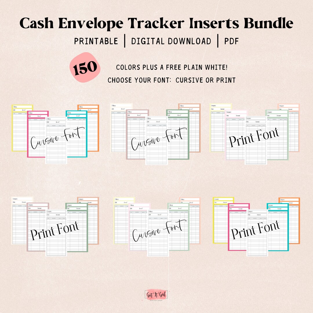 Cash Envelope Tracker Insert Bundle Printable, Set of 150, Cash ...