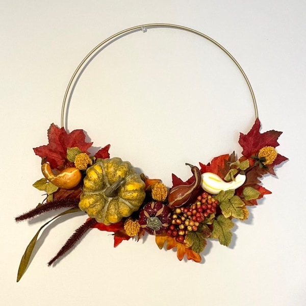 Gourd Fall Wreath, Autumnal Pumpkin Wreath, Fall Hoop Wreath, Modern Fall Decor, Fall Hoop Wreath, Cornucopia Decoration