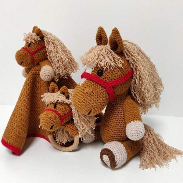 Coffret cheval pour bébé. Lot nouveau-né neutre en matière de genre. Adorables jouets pour bébé. Peluche, bague et lovey. Cadeaux bébé apaisants. Jouets en peluche