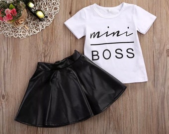 18-24 mois Noir Ensemble jupe en tricot à manches longues et bouffantes pour bébé fille mini jupe en cuir