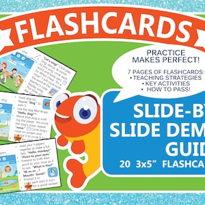 May include: A colorful educational guide titled "FLASHCARDS" with a cartoon fish character. The guide includes 20 flashcards, each measuring 3x5 inches. It features teaching strategies, key activities, and instructions on how to pass. The cover has text and illustrations.
