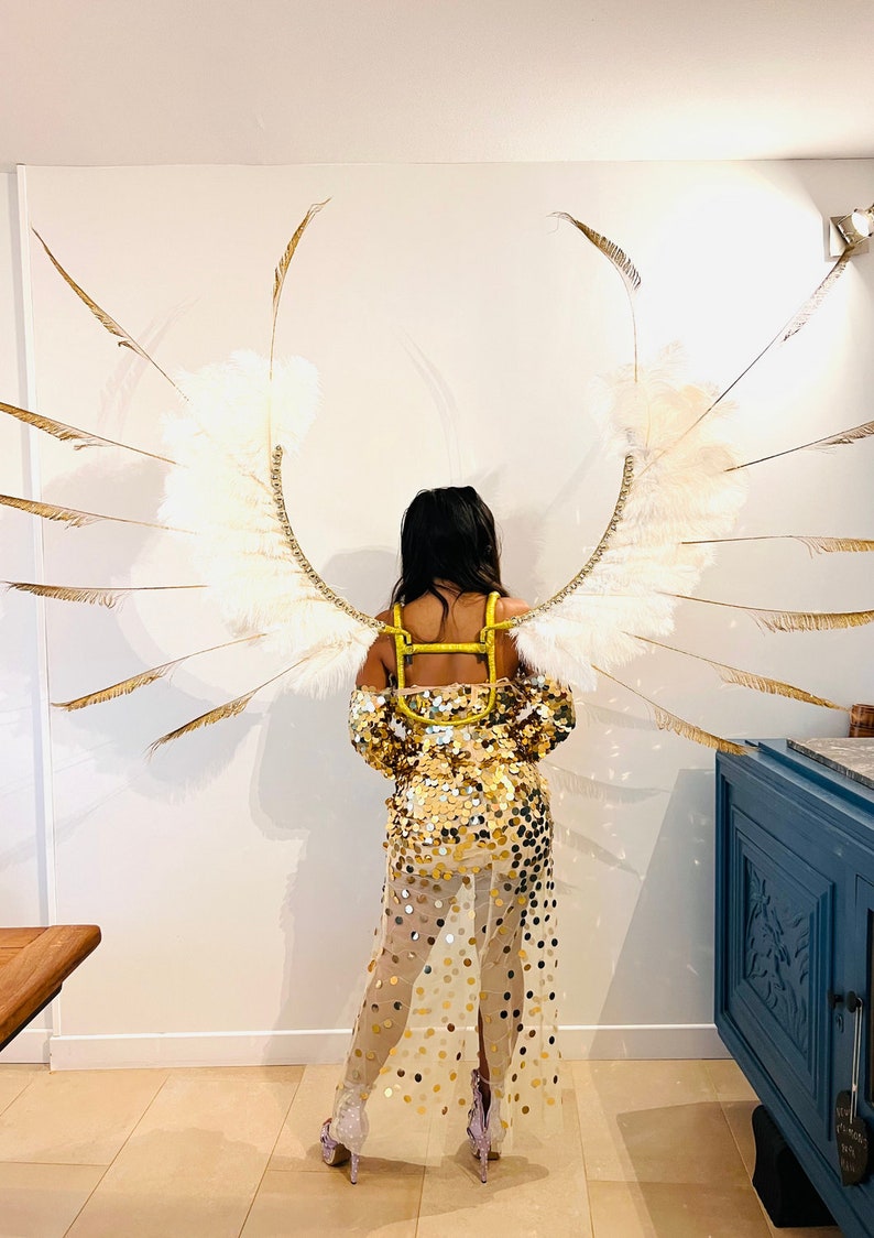 WHITE ANGEL Wings Ostrich and Gold Peacock Feathers Etsy