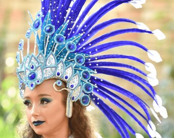 Tocado de marco de samba de alta calidad armadura coiffe pluma azul