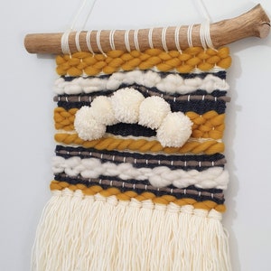 HANNA - Woven Wall Hanging - Mustard Navy White Taupe - Nursery Wall Decor - Fibre Art - Textile Weaving - Handmade Woven Macrame Home Decor