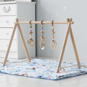 Premium Baby Gym With 3 Sensory Toys, BOHO Baby Gift, Wooden Baby Gym, Montessori Baby Gym, Eco Friendly and Organic Gym