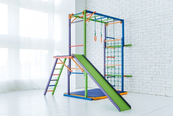 Kids Indoor Jungle Gym With Swing, Slide, Gymnastic Rings, Wooden Playset Climbing Ladder for Children, Baby XMAS Gift Foldable Playground
