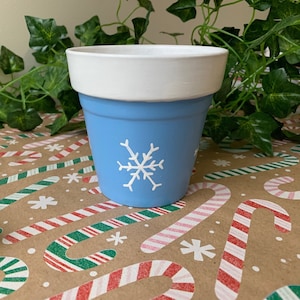 4” Hand-Painted Flower Pot - Blue Snowflake Planter