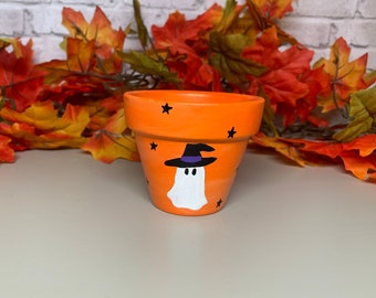 2.75” hand-painted flower pot- Halloween ghost witch planter