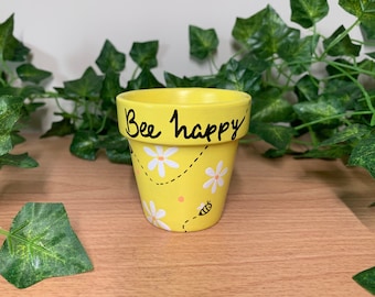 2.75” hand-painted flower pot- bee happy yellow planter