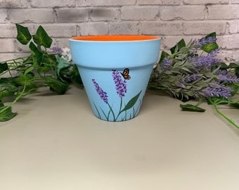 4.5” Hand-Painted Flower Pot - Monarch Butterfly Lilac Planter