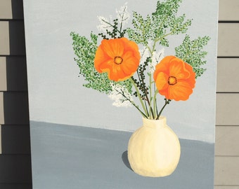 Orange Poppies in a Vase Hand Painted 12"x18" Acrylic Painting