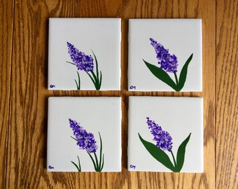Set of 4 Ceramic Decorative Tiles- Hand-Painted, 4.25" Square