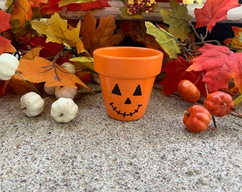 2.75” Hand-painted flower pot- happy pumpkin planter