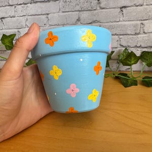 4.5” Hand-Painted Flower Pot - Blue Planter with Orange and Yellow Flowers