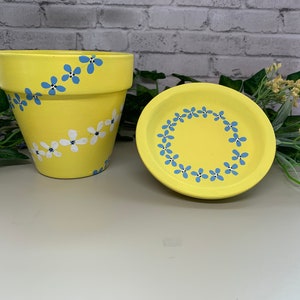 4.5&quot; Painted Flower Pot and Saucer - Yellow Planter with Blue Flowers