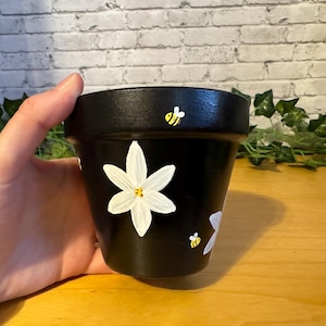 4.5” hand-painted flower pot - planter with bees and white flowers