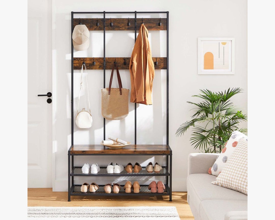 Industrial Style Coat Stand With Shelves, 12 Hooks Coat Standing Rack