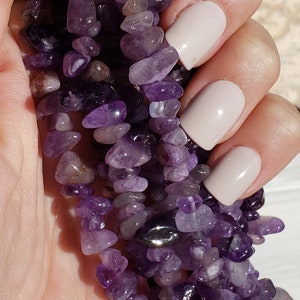 Natural Amethyst Crystal Chip Bead Strand, 5 - 9 mm Tumbled Nugget Beads with 1mm Hole