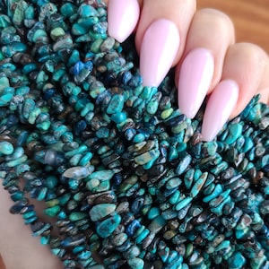 Natural Chrysocolla Crystal Chip Bead Strand, Tiny 4 - 8 mm Tumbled Nugget Beads with 1mm Hole