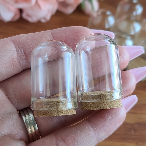 Small Glass Dome Bottles, Choose Quantity, 33 x 22 mm Mini Jars with Cork Stopper Top for Jewelry, Spell Jars, and Crafts