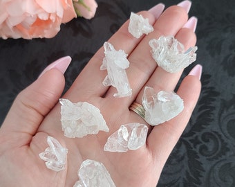 May include: A collection of eight small, clear quartz crystals, with various shapes and sizes, displayed on a hand.