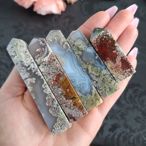 Scenic Moss Agate Tower, Choose Your Four Sided Crystal Wand Point Obelisk From Indonesia for Decor or Crystal Grids