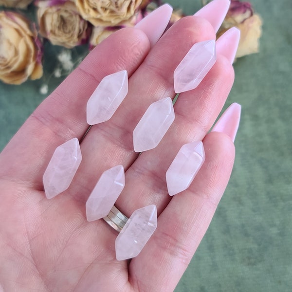 Tiny Rose Quartz DT Crystal Wands 0.75", Bulk Lots of Double Terminated Points for Jewelry Making or Crystal Grids