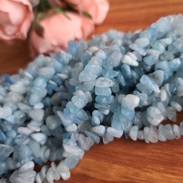 Natural Aquamarine Crystal Chip Bead Strand, 5 - 8 mm Tumbled Nuggets with 1 mm Hole