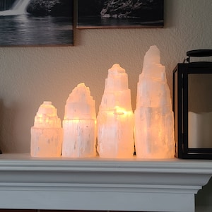 Rough Selenite Tower Lamp, Small to Large Raw Crystal Night Light Mineral Obelisk for Decor, Metaphysical Gifts, or Crystal Grids
