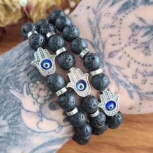 Lava Rock Gemstone Bracelet With Hamsa Charm, Bulk Bracelets with 8mm Oil Diffuser Beads, Perfect for Gifts, Meditation, or Crafts