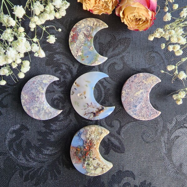 Moss Agate Moon Cabochon, Choose Your Indonesian Gemstone for Jewelry Making or Crystal Grids