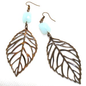 Earrings Antique Gold Women&#39;s Earrings Filigree Leaf and Blue Beads Drop Earrings Long Stylish Trendy Gift Perfect