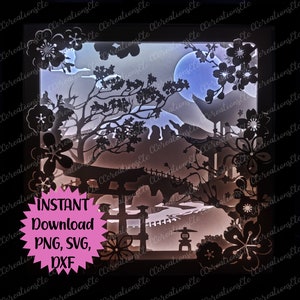 Sakura Cherry Blossoms 3D licht silhouet schaduw vak papier gesneden bestand (alleen persoonlijk gebruik) - PNG, SVG, DXF digitale download