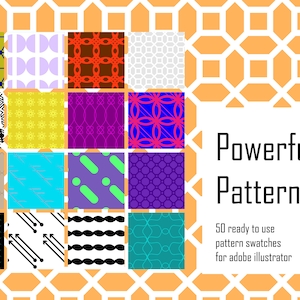 Könnte beinhalten: Ein Satz von 50 bunten geometrischen Mustern, die als Farbmuster für Adobe Illustrator verwendet werden können. Die Muster sind in einem Raster angeordnet und zeigen eine Vielzahl von Formen, Farben und Designs. Der Text "Powerful Patterns" wird in weißen Buchstaben auf weißem Hintergrund angezeigt.