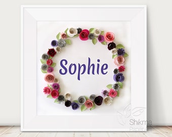 Name Sign For Girl 3D Paper Flower Wreath Personalized Art Bat Mitzvah Gift New Baby Girl Hebrew Name Jewish Gift Pink Purple Silver Flower