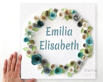 3D Paper Flower Name Sign For Girl Personalized Art New Baby Gift For Girl Bat Mitzvah Gift Hebrew Name Jewish Gift Teal White Flower Decor