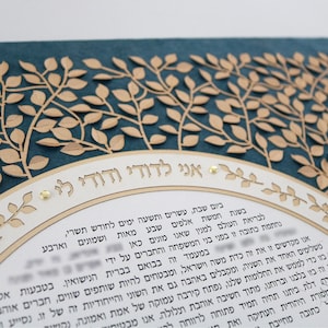 Personalized Ketubah Art, 3D Paper Cut Gold Leaf With Ocean Blue, 18x18&quot;