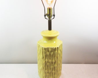 Refurbished 1950's Ceramic Lamp - Bamboo Texture - Bright Yellow - Tall 30.5"