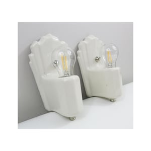Refurbished Art Deco Skyscraper Wall Sconces for Bath - Pair - 1930&#39;s - Ivory - Rewired for Hard Wire Use
